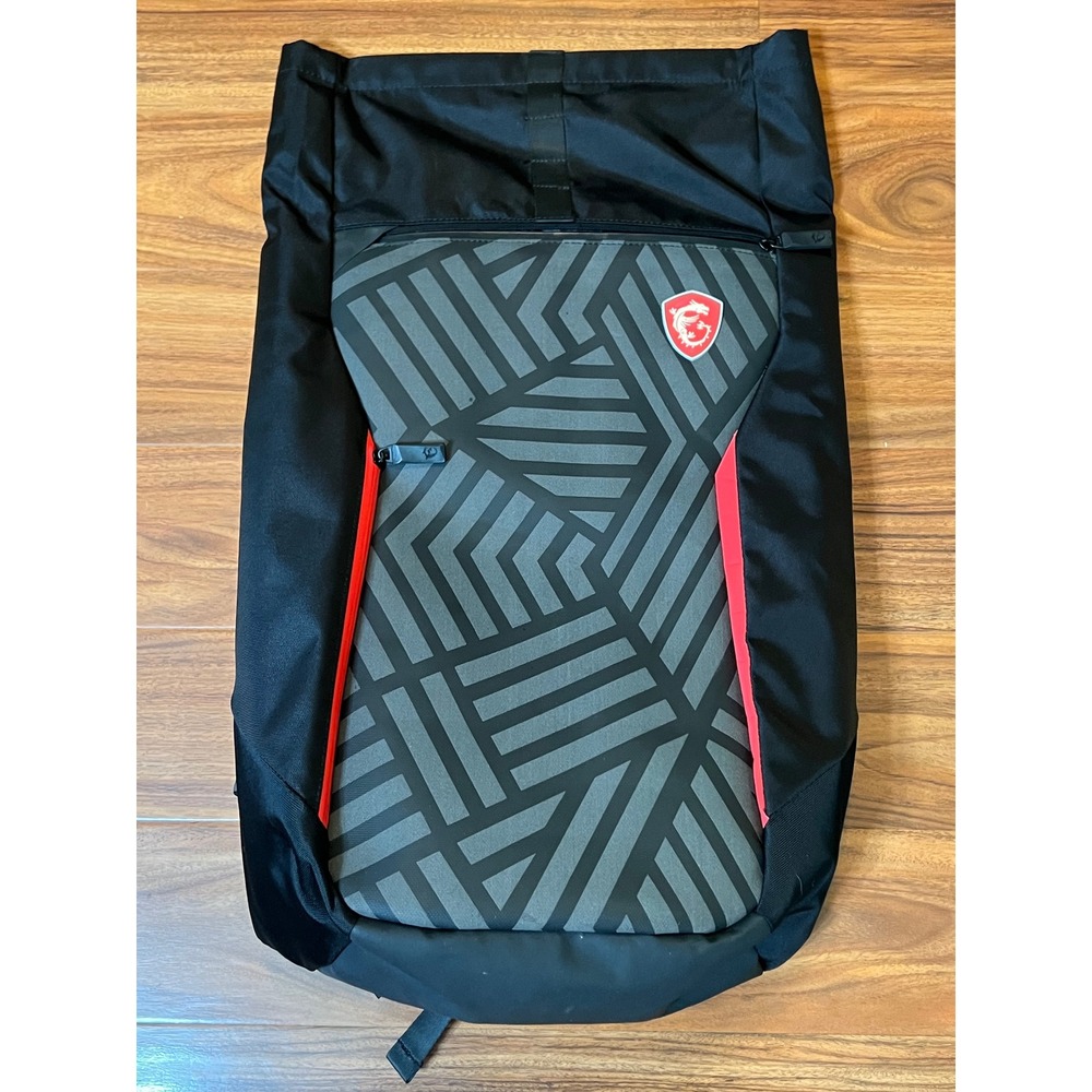 MSI 17" Laptop Gaming Backpack Black Red Gray Roll Top With Rain Cover